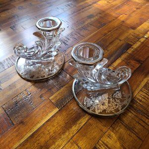 Vintage Fostorio Crystal Silver Flower Motiff Candlestick Set